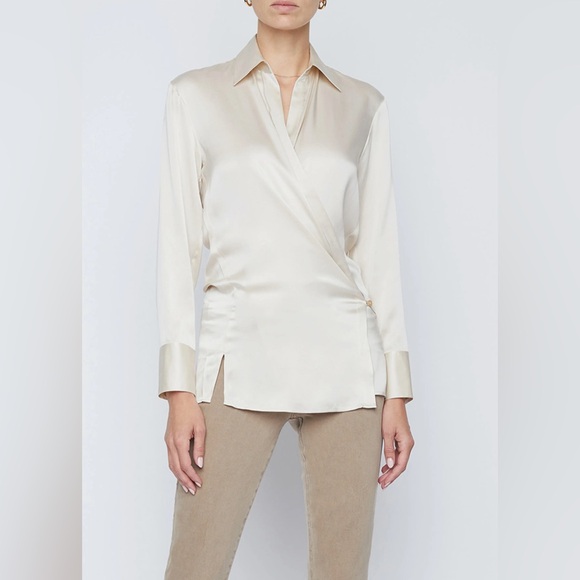 L'AGENCE Sora Long Sleeve Wrap Top in Champagne color